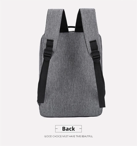 Rear view of light grey oxford backpack showing adjustable black canvas straps and texture