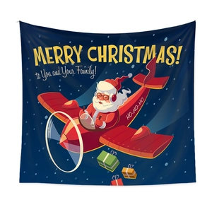 Blue Christmas wall tapestry featuring Santa Claus flying a red propeller plane with gifts