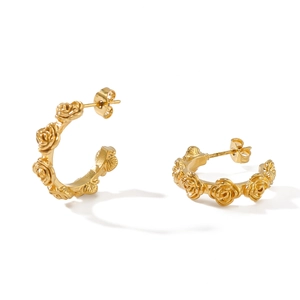 18K gold plated hoop earrings featuring intricate rose flower designs on white background