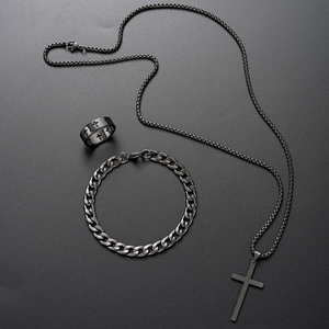 Men's hip hop black stainless steel jewelry set with cross necklace, bracelet and ring