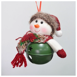 Detail of plush snowman Christmas bell ornament with green metal base and red scarf