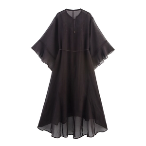 Elegant black chiffon maxi dress with ruffled flare sleeves and asymmetrical high-low hem