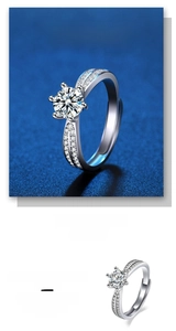 Macro detail of silver heart ring featuring a six-prong setting and dual pavé bands