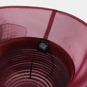 Women's burgundy organza wide brim sun hat with interior sweatband and wind rope details