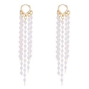 Minimalist gold tassel drop earrings with white pearls and elegant hanging chains