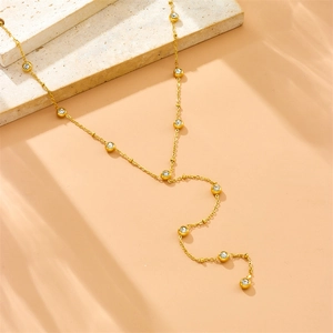Elegant gold Y-shaped titanium steel necklace with sparkling circular cubic zirconia