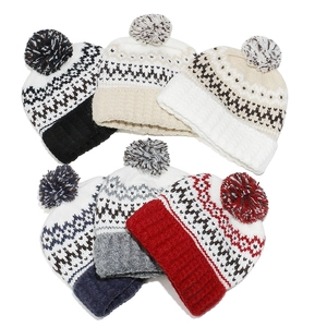 Fair Isle Geometric Jacquard Knitted Beanie Hat With Pom-Pom Winter Warm Acrylic Cuffed Skull Cap For Women