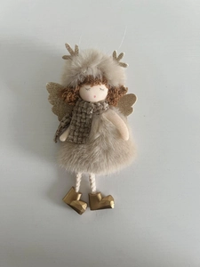 Close-up of plush Christmas angel ornament with sequin wings and plaid scarf detail