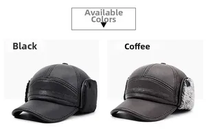 Detail view of black and coffee leather winter caps with warm ear flaps and fleece lining