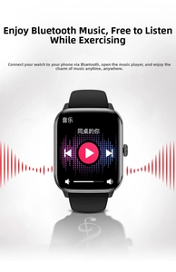 Close-up of QS11 smartwatch display featuring music playback controls and sleek black design