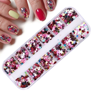 Detailed view of 12-slot nail art glitter set with laser heart and butterfly shapes