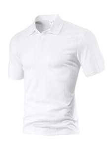 Close-up of white waffle texture fabric and collar details on men's short sleeve polo shirt