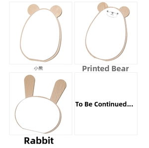 Detail of wooden cartoon bear and rabbit desktop vanity mirror frames with white panels
