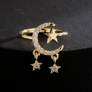 Adjustable 18K gold-plated star and moon open ring with cubic zirconia micro-pave crystals