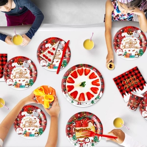 Christmas party tableware set with festive plaid design featuring Santa and Snowman motifs