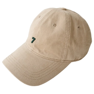 Classic tan washed cotton baseball cap with dark green number 7 embroidery on the front