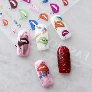 5D embossed nail stickers with Bite Me text and red lip designs for punk style nail art
