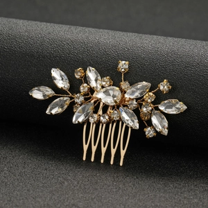 Elegante pettine per capelli da sposa dorato con cristalli e foglie per matrimoni