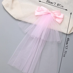 Pink bow hair clip with double-layer tulle veil and 45cm length measurements shown