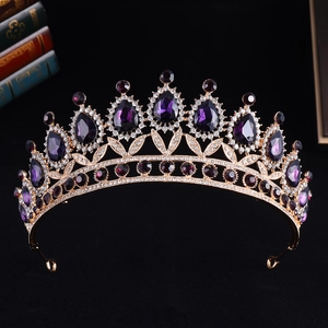 Golden Baroque bridal crown featuring large purple teardrop rhinestones for weddings