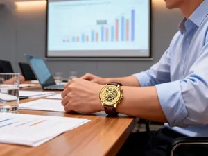 Close-up of golden hollow mechanical watch with brown leather strap in office setting