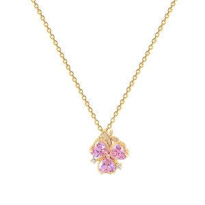 Gold titanium necklace with pink heart-shaped petals and sparkling zircon pavé