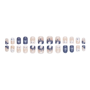Cute cat paw press-on nails featuring blue and pink designs with 24 pieces set