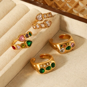 18k gold plated stainless steel open rings with colorful heart-shaped zirconia stones