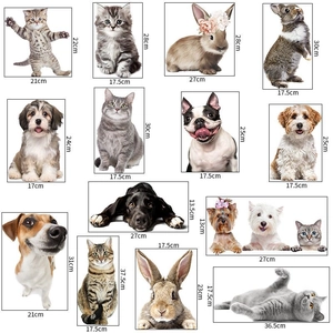 Detailed size specifications for cute cat, dog, and rabbit wall art stickers