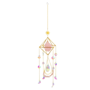 Golden crystal suncatcher with pink quartz stone and AB colorful prism drops on white background