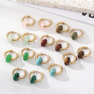 Vintage Natural Stone Hoop Earrings For Women Retro Geometric Stainless Steel Huggie With Round Donut Charms