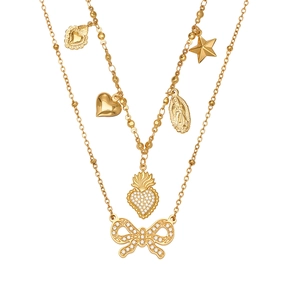 Gold multi-layer stainless steel necklace featuring pavé heart and butterfly charms
