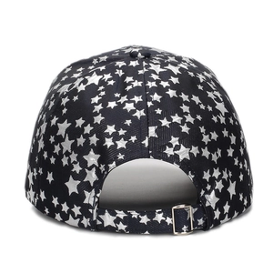 Rear view of navy baseball cap with silver star print and adjustable metal buckle