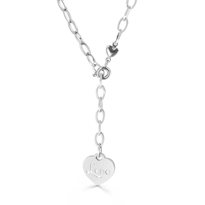 Minimalist silver titanium steel chain necklace with Love heart pendant on white background