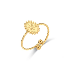Macro detail of adjustable gold-plated cross ring featuring a twisted band and sunburst oval