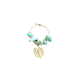 Bohemian gold hoop earrings with turquoise crushed stones and monstera leaf charm