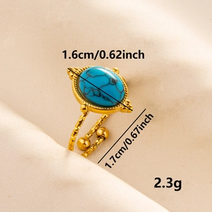 Adjustable 304 stainless steel ring with oval green stone and gold-plated textured band
