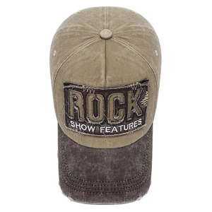 Casquette de baseball vintage kaki avec visière marron usée et broderie ROCK