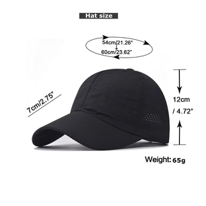 Detail showing dimensions and laser-cut ventilation holes of a black quick-dry cap