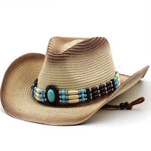 Cappello Da Cowboy In Paglia Con Fascia Di Perline Turchese Artificiale Tesa Larga Stile Boho Etnico Protezione Solare Per Uomini Donne