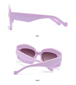 Side and back view of chunky irregular purple sunglasses with thick temples