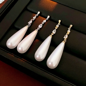 14k gold plated drop pearl earrings with elegant marquise zircon tassels for women