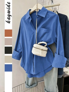 Chemisier Femme Manches Longues Boutonné Décontracté Ample Couleur Unie Col Polo Polyester Avec Poche Poitrine