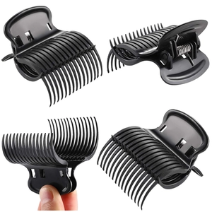 Set of 4 black professional heat-resistant salon hair styling clips in different views