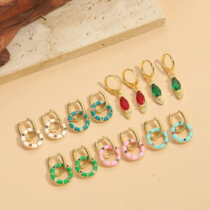 Dopamine Style Colorful Enamel Hoop Earrings For Women Copper Zirconia Marquise Dangle Earrings Vintage Minimalist Jewelry