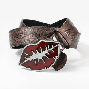 Vintage dark brown leather belt for women featuring a unique red lip shaped buckle design