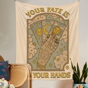 Bohemian tarot tapestry detail showing hand and Your Fate Is In Your Hands text on wall