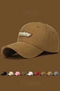 Detail of distressed brim and Thinking WISHFUL embroidery on vintage cotton baseball cap
