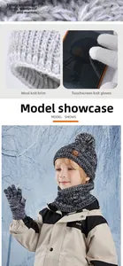 Close-up of winter knit beanie set featuring touchscreen gloves and warm neck gaiter