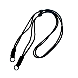 Adjustable black woven shoulder strap with metallic rings and decorative braided knots